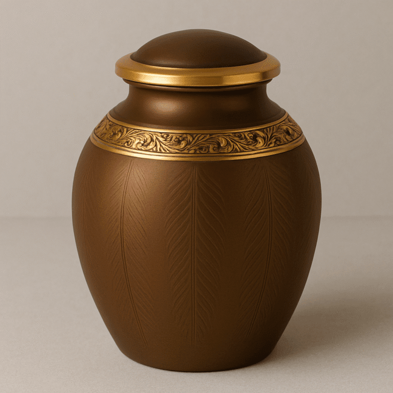 Heritage bronze aluminium cremation urn for adult ashes with engraved leaves and gold floral band