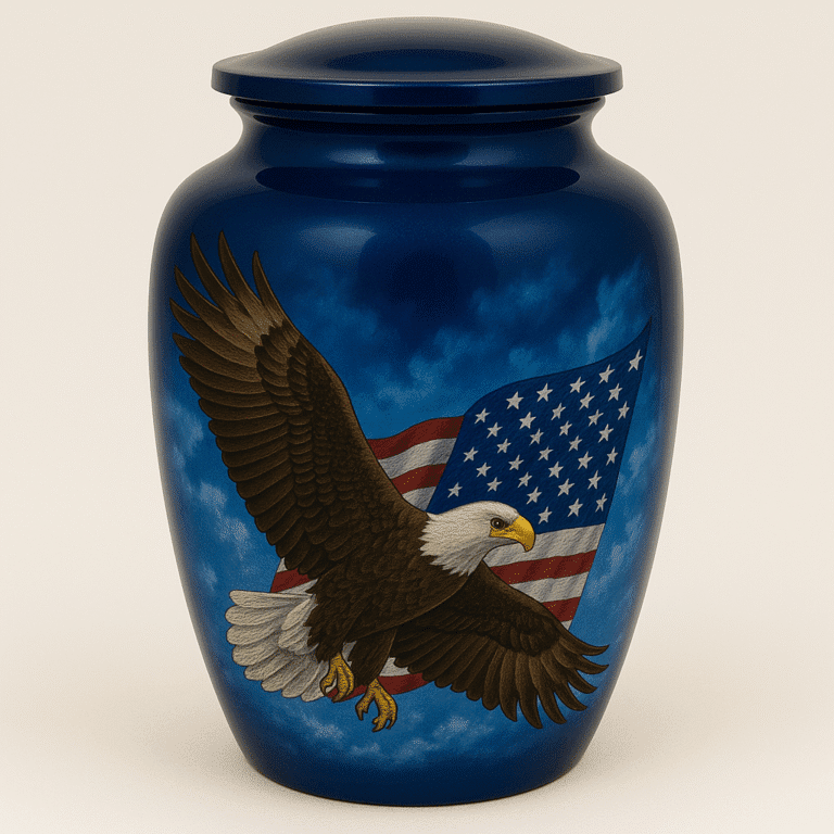 Freedom Soars blue patriotic eagle cremation urn with American flag for adult ashes