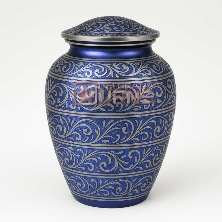 Savannah blue and silver vine cremation urn for adult ashes