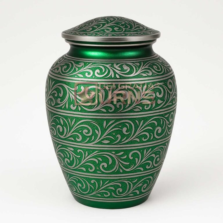 Savannah green aluminum cremation urn for adult ashes with ornate silver vine bands and domed lid