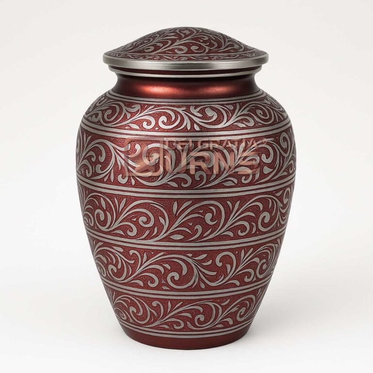 Savannah burgundy aluminium cremation urn for adult ashes with silver ornate scrollwork and domed lid