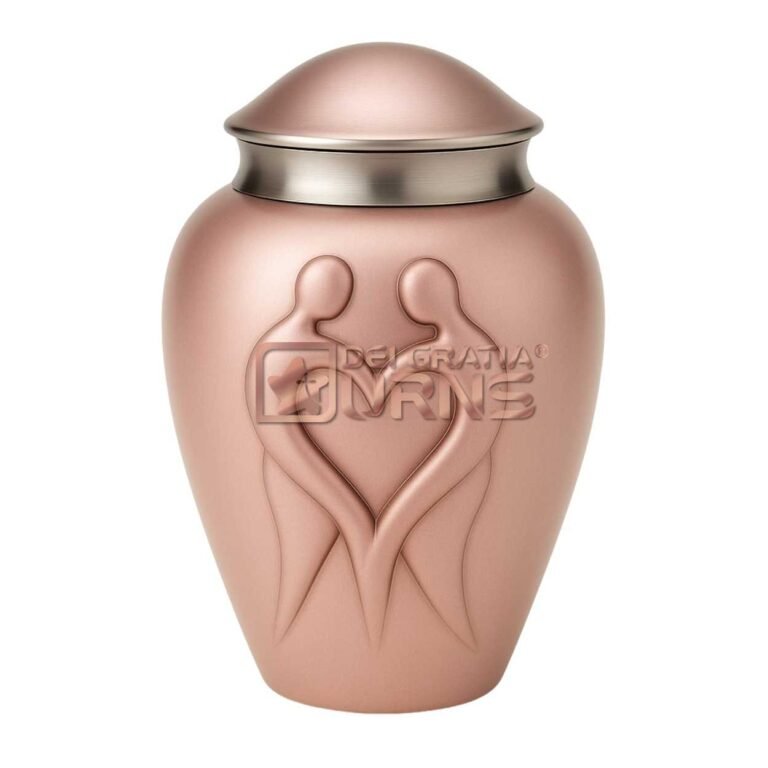 California blush pink heart embrace aluminum cremation urn for adult ashes with silver-tone band