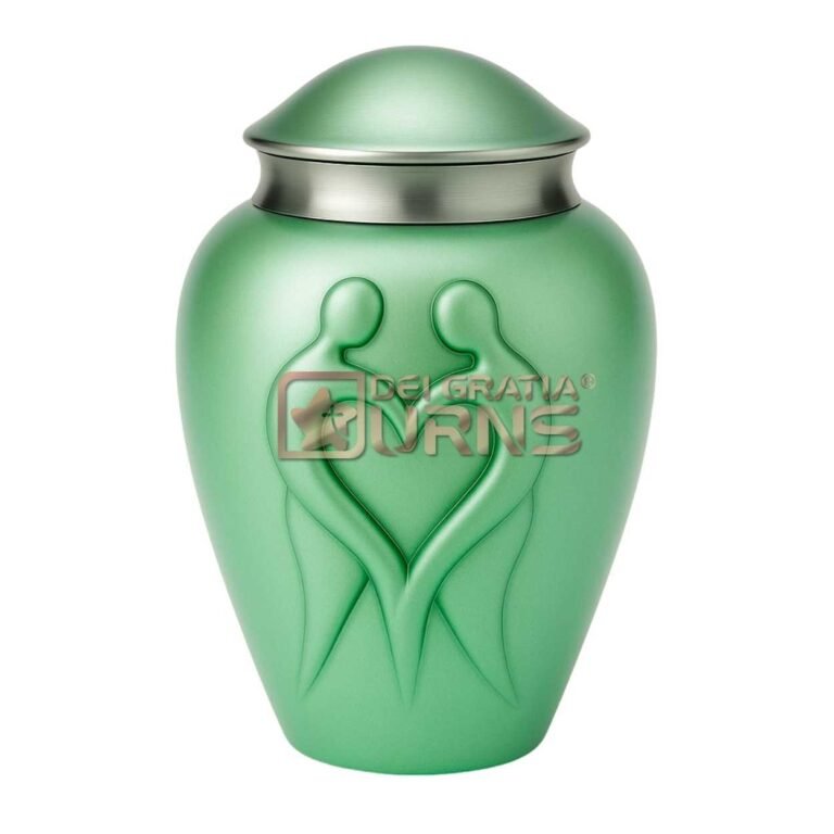 California green cremation urn for adult ashes with silver-tone lid and sculpted heart embrace