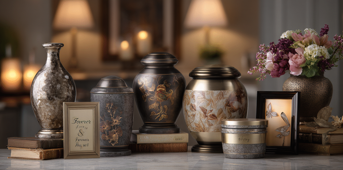 A luxurious display of custom cremation urns for ashes in a serene, softly lit interior setting. Showcase a variety of high-end urns made from brushed metal, polished bronze, marble, and ceramic—each uniquely personalized with engraved names, floral designs, spiritual symbols, photo panels, and color accents. Include elements like etched hummingbirds, tree of life, doves, paw prints, and custom fonts. Feature a mix of traditional vase shapes and modern silhouettes, with one urn highlighted under a spotlight reading “Forever in Our Hearts.” The background should be a peaceful home environment with soft-focus decor like candles, books, and flowers, evoking warmth, dignity, and personalized remembrance. Use a 16:9 horizontal aspect ratio, elegant lighting, and a clean, editorial style that appeals to American families seeking heartfelt custom memorials.
