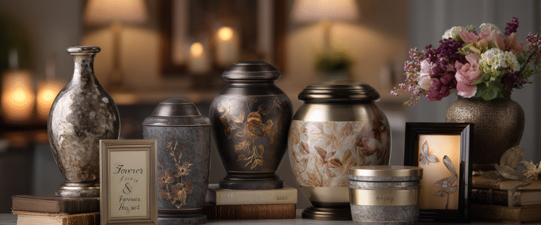 A luxurious display of custom cremation urns for ashes in a serene, softly lit interior setting. Showcase a variety of high-end urns made from brushed metal, polished bronze, marble, and ceramic—each uniquely personalized with engraved names, floral designs, spiritual symbols, photo panels, and color accents. Include elements like etched hummingbirds, tree of life, doves, paw prints, and custom fonts. Feature a mix of traditional vase shapes and modern silhouettes, with one urn highlighted under a spotlight reading “Forever in Our Hearts.” The background should be a peaceful home environment with soft-focus decor like candles, books, and flowers, evoking warmth, dignity, and personalized remembrance. Use a 16:9 horizontal aspect ratio, elegant lighting, and a clean, editorial style that appeals to American families seeking heartfelt custom memorials.