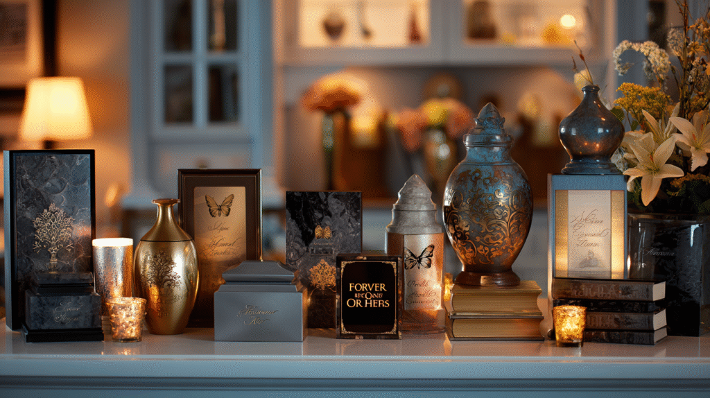 A luxurious display of custom cremation urns for ashes in a serene, softly lit interior setting. Showcase a variety of high-end urns made from brushed metal, polished bronze, marble, and ceramic—each uniquely personalized with engraved names, floral designs, spiritual symbols, photo panels, and color accents. Include elements like etched hummingbirds, tree of life, doves, paw prints, and custom fonts. Feature a mix of traditional vase shapes and modern silhouettes, with one urn highlighted under a spotlight reading “Forever in Our Hearts.” The background should be a peaceful home environment with soft-focus decor like candles, books, and flowers, evoking warmth, dignity, and personalized remembrance. Use a 16:9 horizontal aspect ratio, elegant lighting, and a clean, editorial style that appeals to American families seeking heartfelt custom memorials.