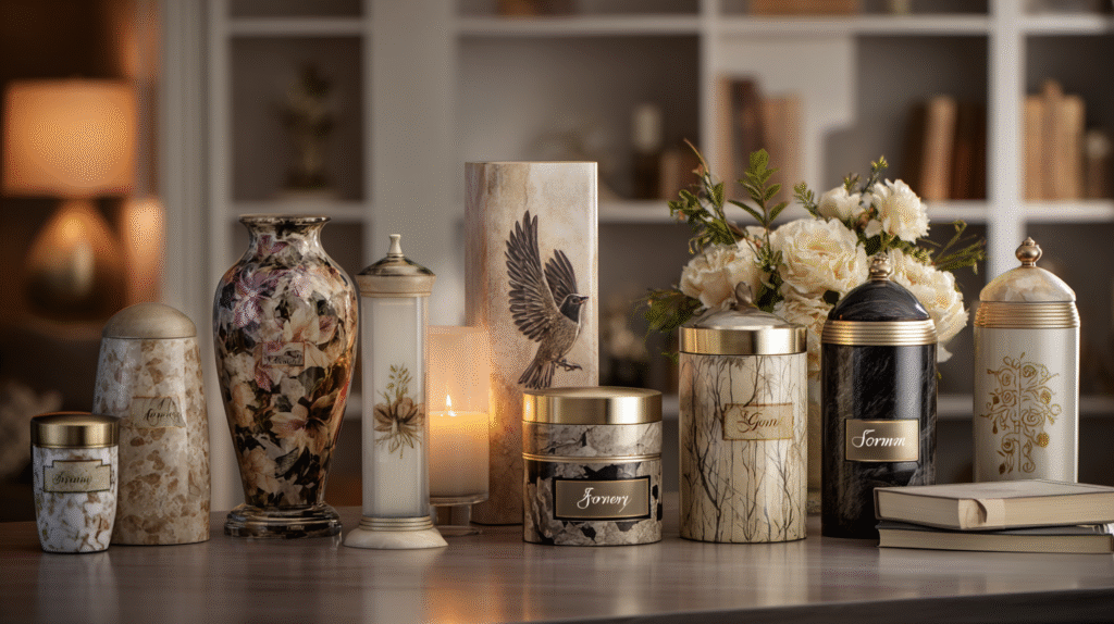 A luxurious display of custom cremation urns for ashes in a serene, softly lit interior setting. Showcase a variety of high-end urns made from brushed metal, polished bronze, marble, and ceramic—each uniquely personalized with engraved names, floral designs, spiritual symbols, photo panels, and color accents. Include elements like etched hummingbirds, tree of life, doves, paw prints, and custom fonts. Feature a mix of traditional vase shapes and modern silhouettes, with one urn highlighted under a spotlight reading “Forever in Our Hearts.” The background should be a peaceful home environment with soft-focus decor like candles, books, and flowers, evoking warmth, dignity, and personalized remembrance. Use a 16:9 horizontal aspect ratio, elegant lighting, and a clean, editorial style that appeals to American families seeking heartfelt custom memorials.