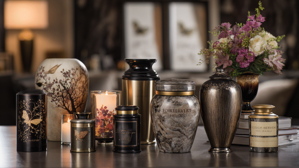 A luxurious display of custom cremation urns for ashes in a serene, softly lit interior setting. Showcase a variety of high-end urns made from brushed metal, polished bronze, marble, and ceramic—each uniquely personalized with engraved names, floral designs, spiritual symbols, photo panels, and color accents. Include elements like etched hummingbirds, tree of life, doves, paw prints, and custom fonts. Feature a mix of traditional vase shapes and modern silhouettes, with one urn highlighted under a spotlight reading “Forever in Our Hearts.” The background should be a peaceful home environment with soft-focus decor like candles, books, and flowers, evoking warmth, dignity, and personalized remembrance. Use a 16:9 horizontal aspect ratio, elegant lighting, and a clean, editorial style that appeals to American families seeking heartfelt custom memorials.