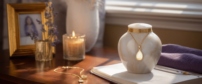 u5422357617_A_soft_emotionally_resonant_scene_displaying_a_cr_1c869a63-05c8-46c8-81ff-41dc60c0d9c6_0 7 Hidden Ways Cremation Jewelry Heals Grief with Ashes Kept in Elegant Urns