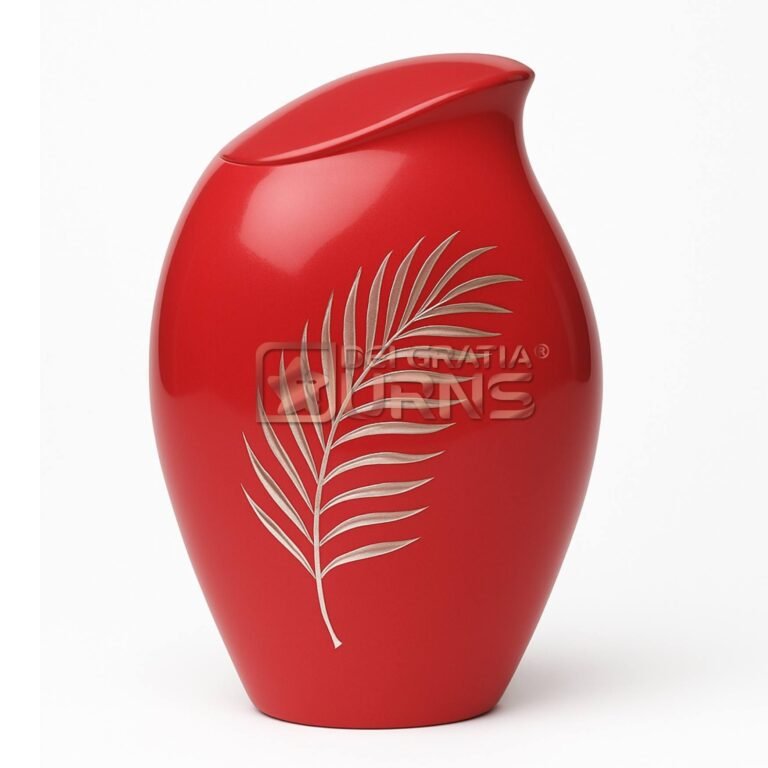 Florida red aluminium cremation urn for adult ashes with silver palm leaf design