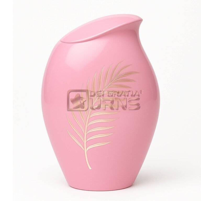 Florida pink palm leaf cremation urn for adult ashes with gold-tone botanical design
