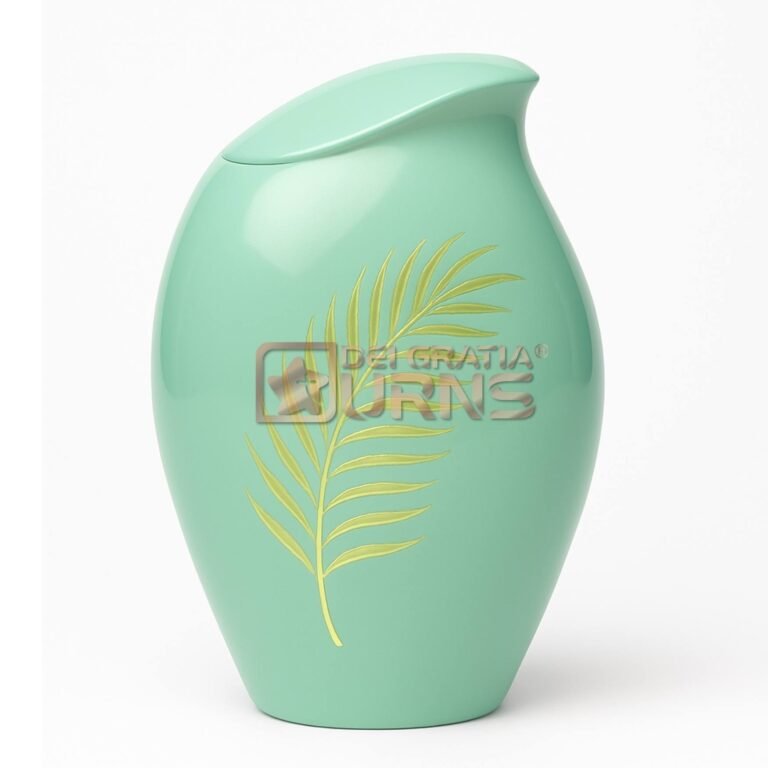 Florida mint green palm leaf cremation urn for adult ashes with gold botanical design