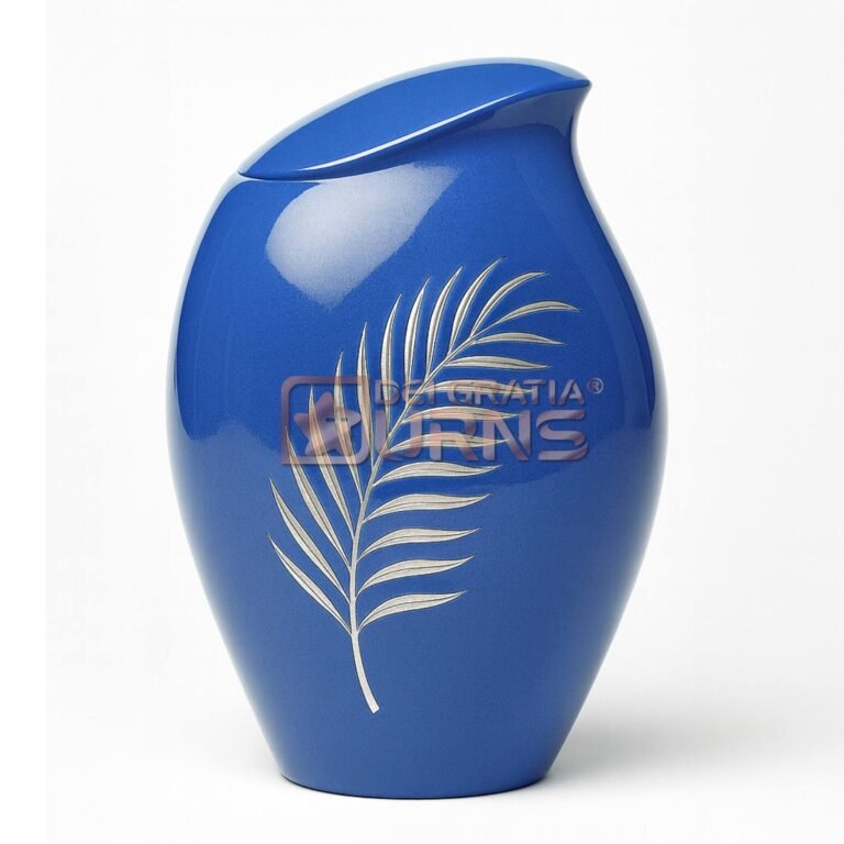 Florida blue aluminium cremation urn for adult ashes with silver palm leaf design
