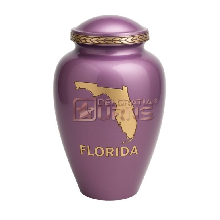 Florida lavender aluminum cremation urn for adult ashes with gold state map and decorated domed lid