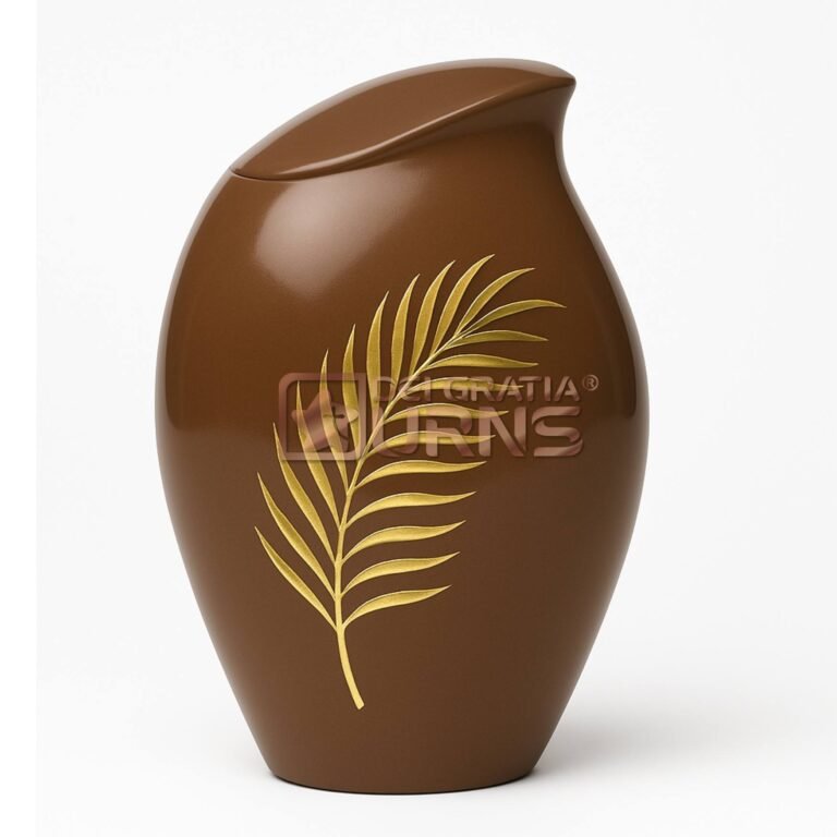 Florida brown aluminium cremation urn for adult ashes with gold palm frond and curved lid