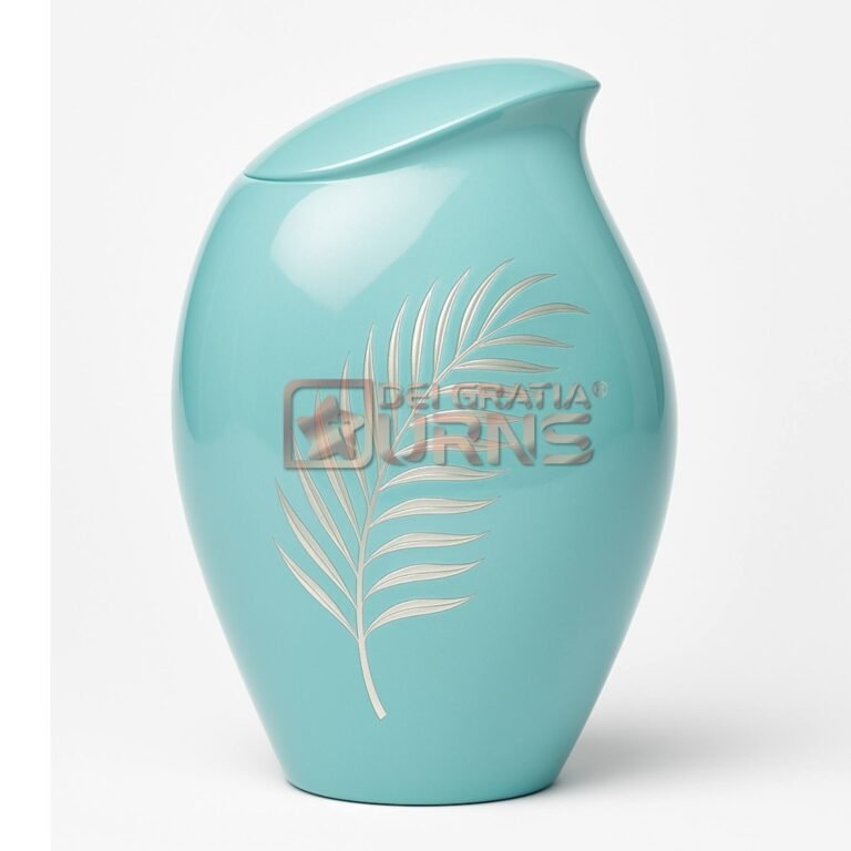 Florida light blue cremation urn for adult ashes with silver palm leaf and sculptural lid
