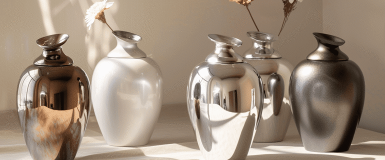 u5422357617_A_collection_of_luxurious_metallic_cremation_urns_51d002aa-7805-44c4-9b2d-a72d2fb11d54_0 Lazy Lake Urns – Serene Cremation Urns for Ashes with Nature-Inspired Design