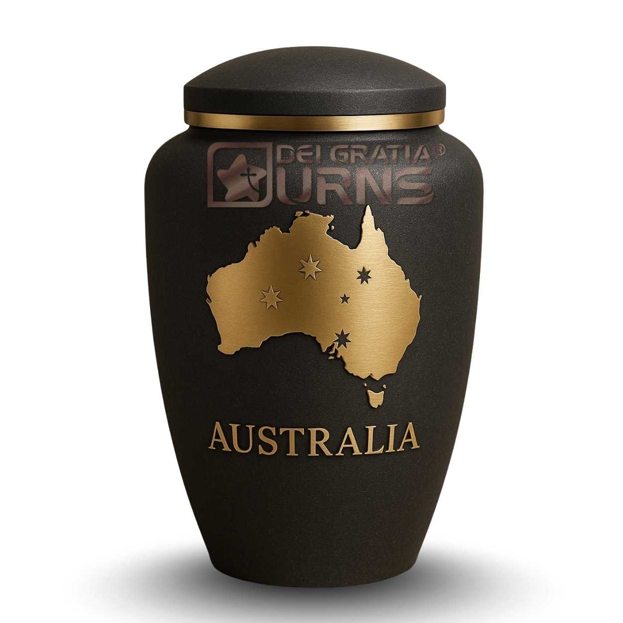 Australia map memorial urn for adult ashes in black and gold metal with star details