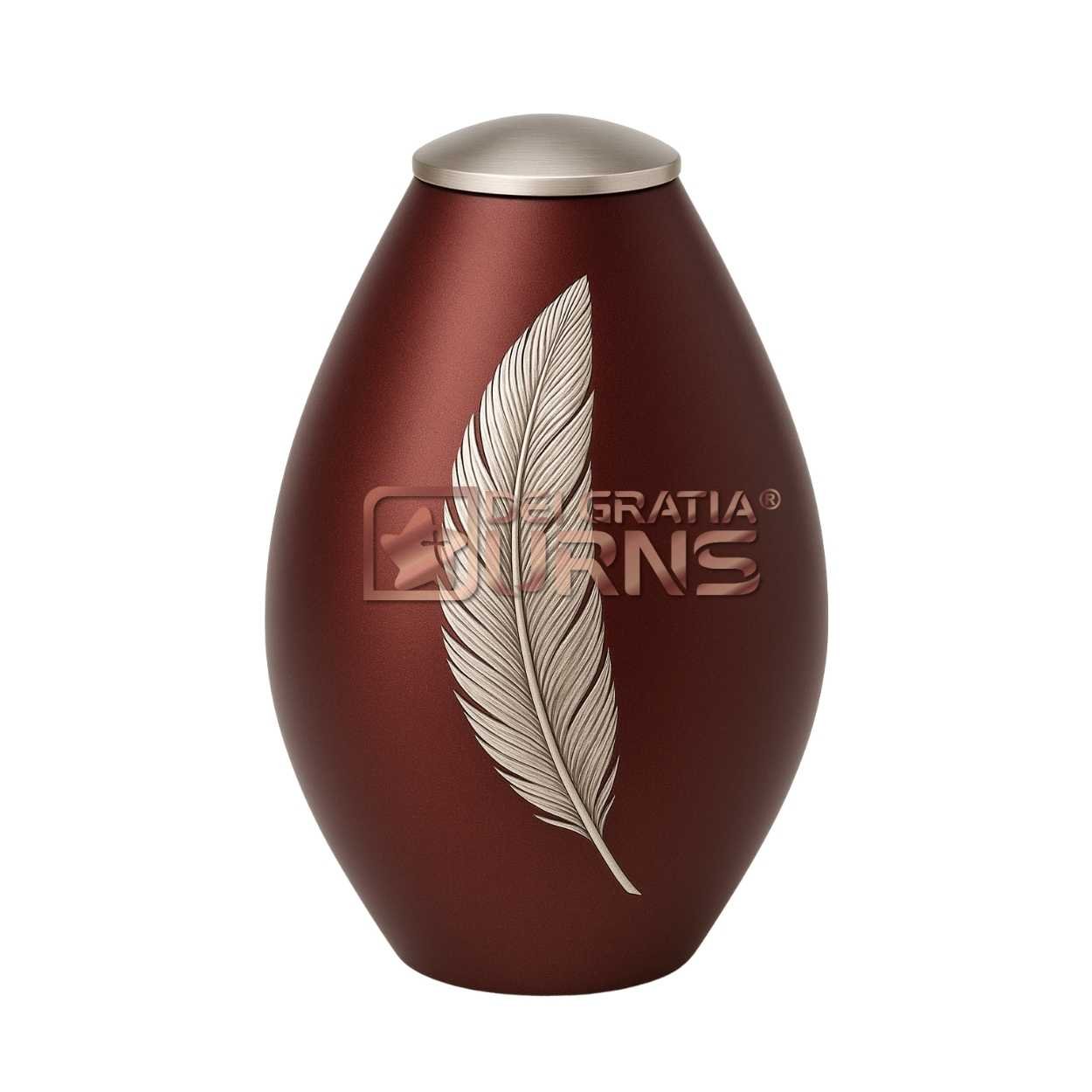 Verona burgundy feather cremation urn for adult ashes with silver feather and brushed silver lid