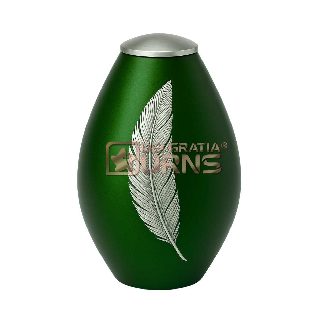 Dublin emerald green feather memorial urn for ashes with silver-tone feather and brushed silver lid