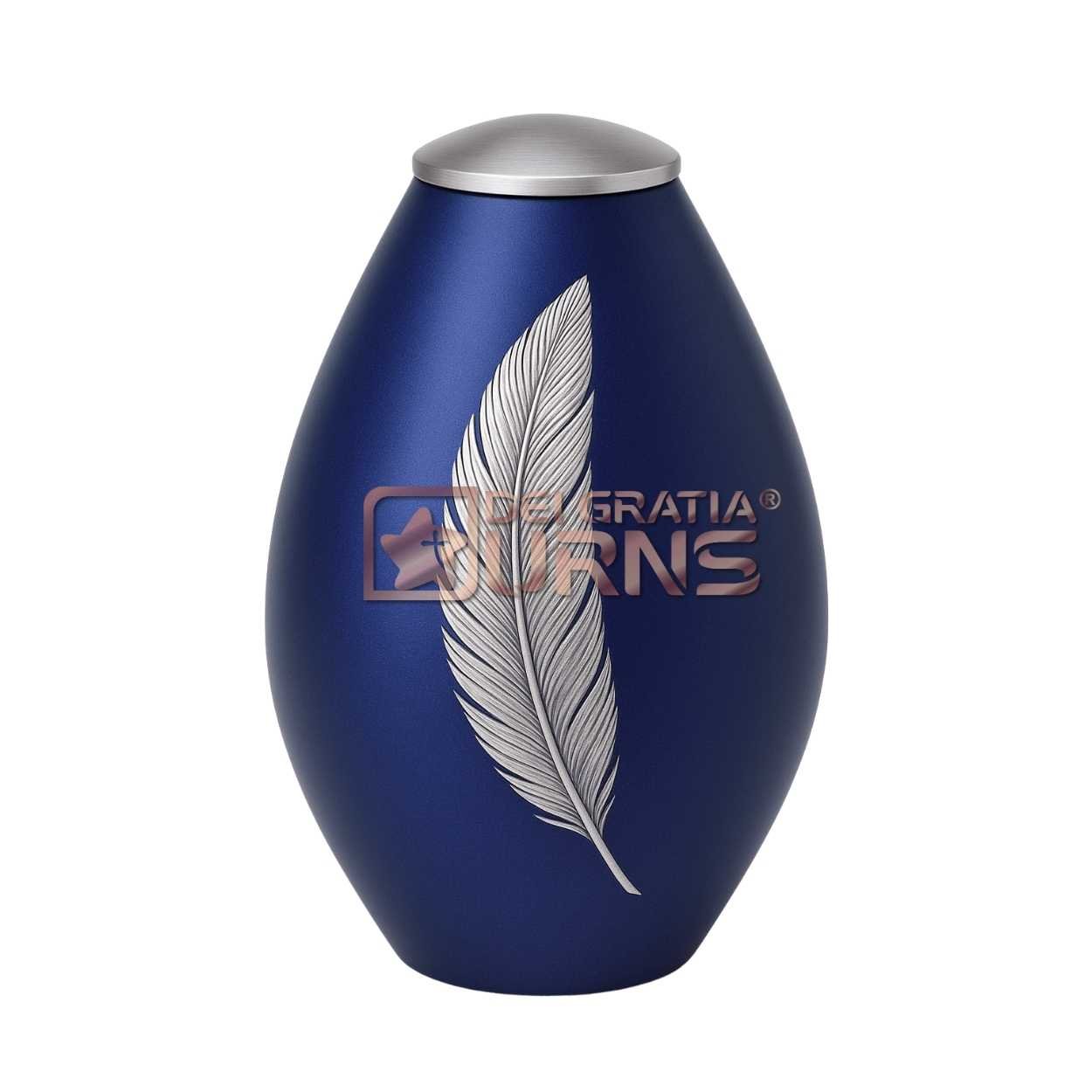 Oslo navy feather memorial urn for adult ashes with silver feather and brushed silver lid
