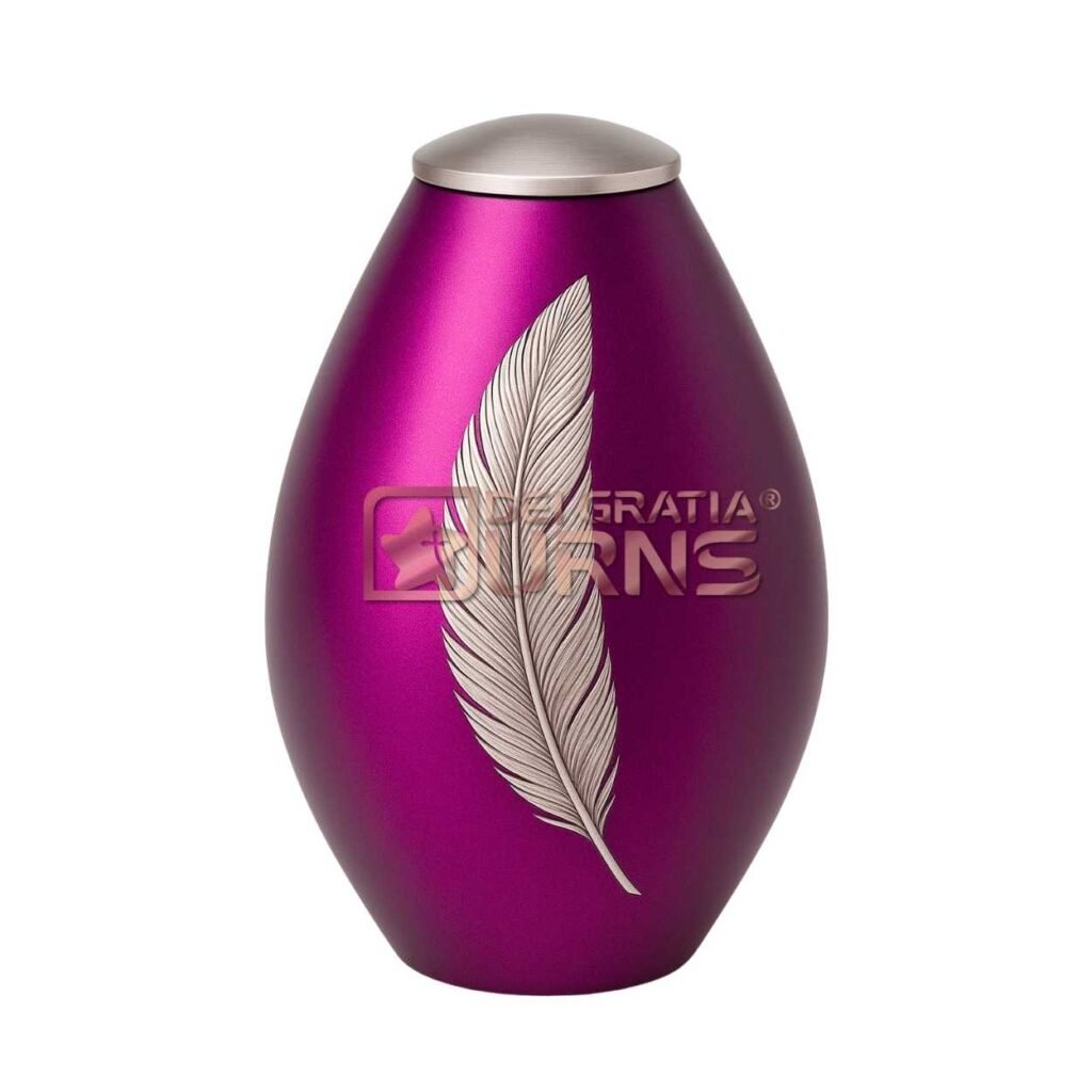 Kyoto magenta feather memorial urn for ashes with detailed silver-tone feather and brushed silver lid