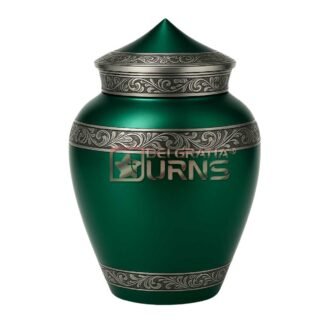 Emerald green ornate metal cremation urn for adult ashes with silver-tone decorative bands