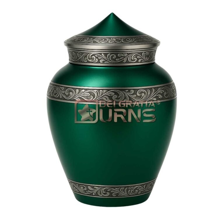Emerald green ornate metal cremation urn for adult ashes with silver-tone decorative bands