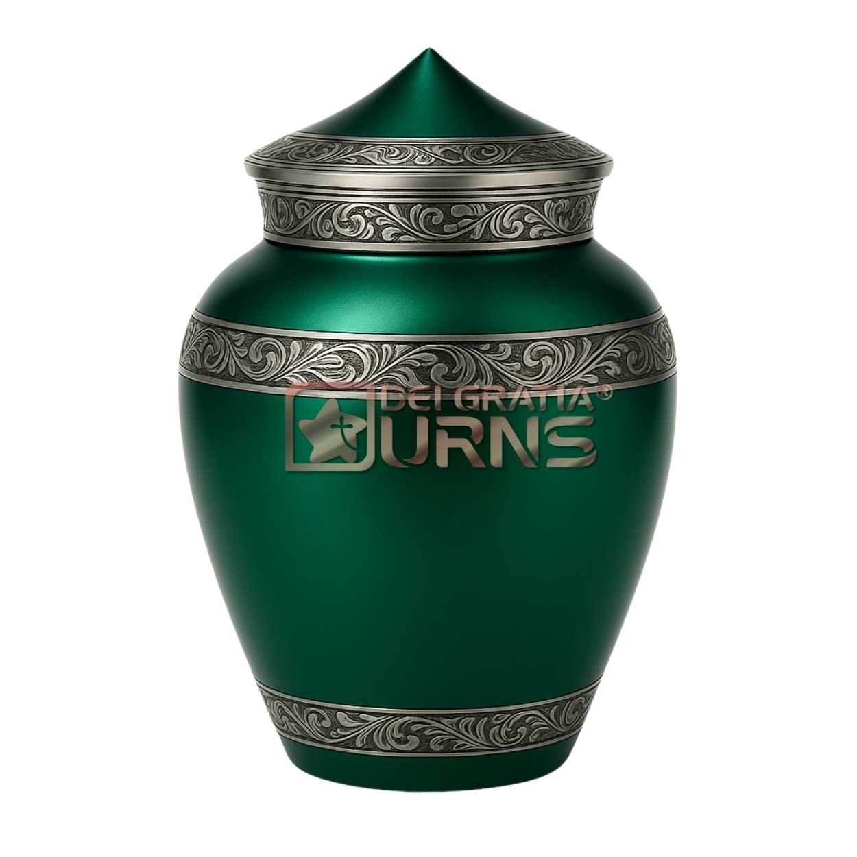 Emerald green ornate metal cremation urn for adult ashes with silver-tone decorative bands