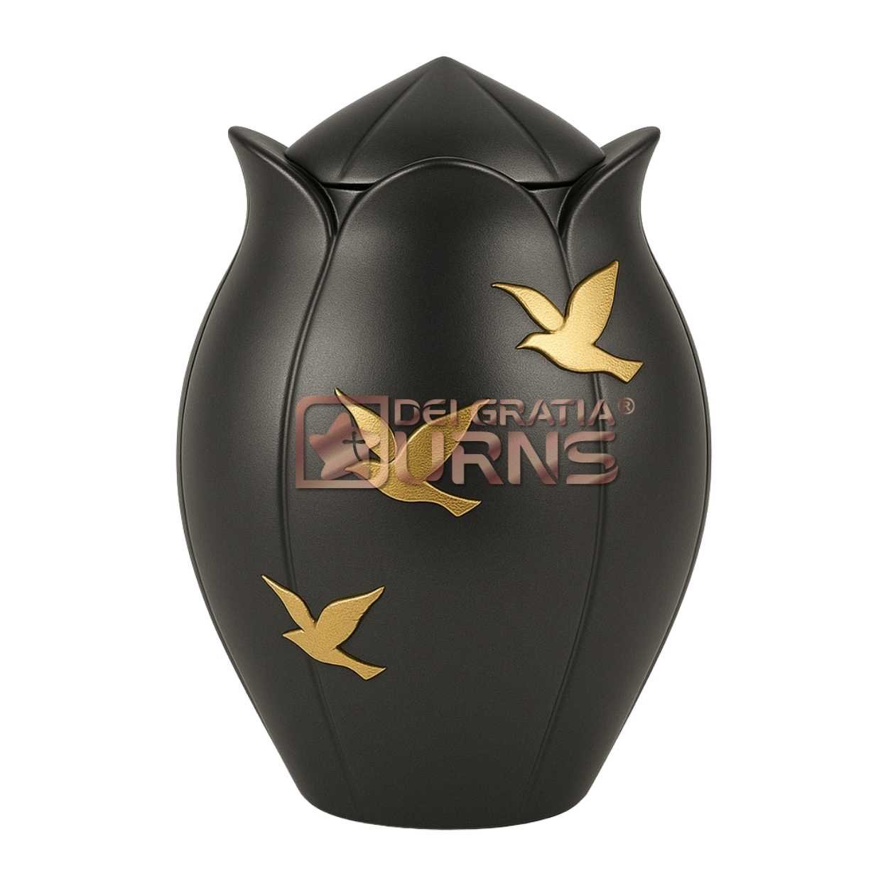 Black and gold dove cremation urn for adult ashes with three gold-tone doves