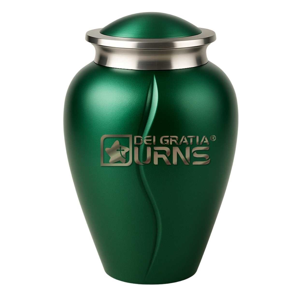 Emerald green metal cremation urn for adult ashes with brushed silver-tone lid and collar