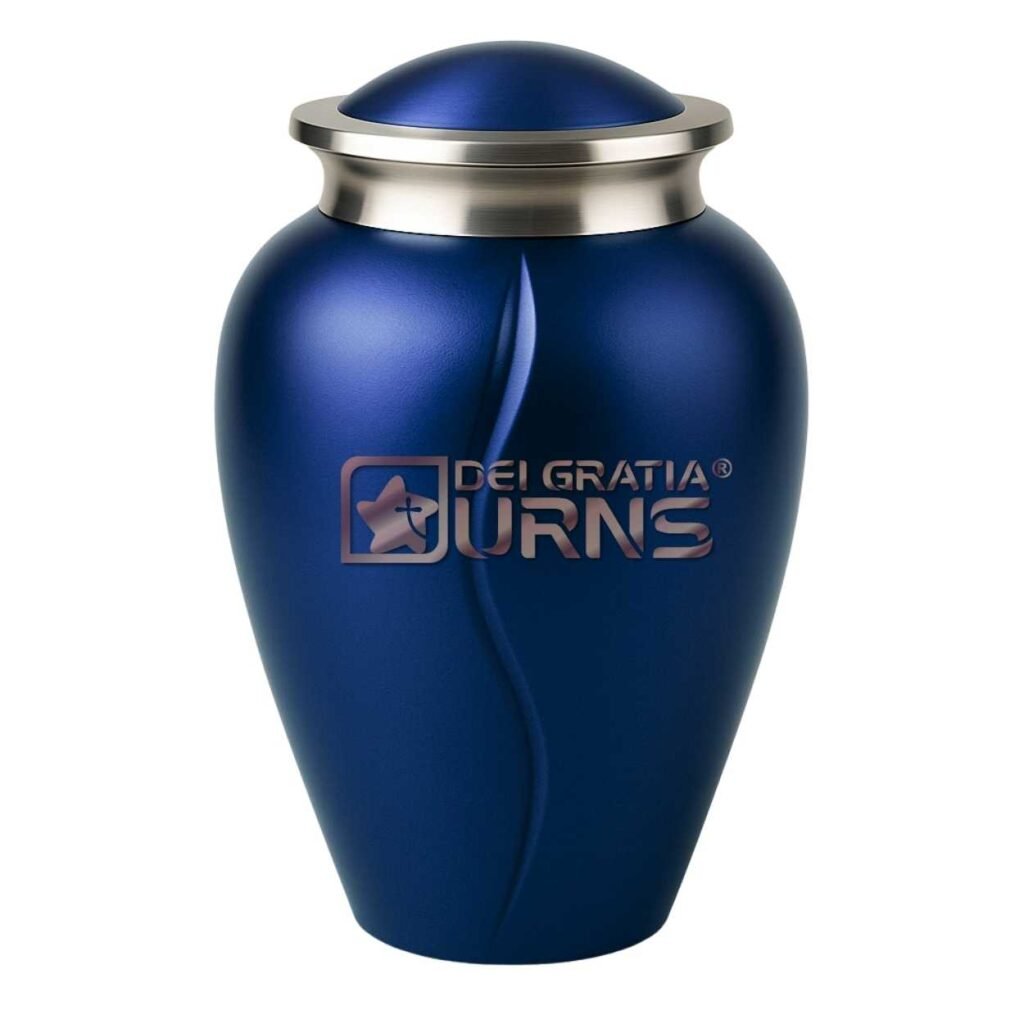 Sapphire blue metal cremation urn for adult ashes with brushed silver-tone lid