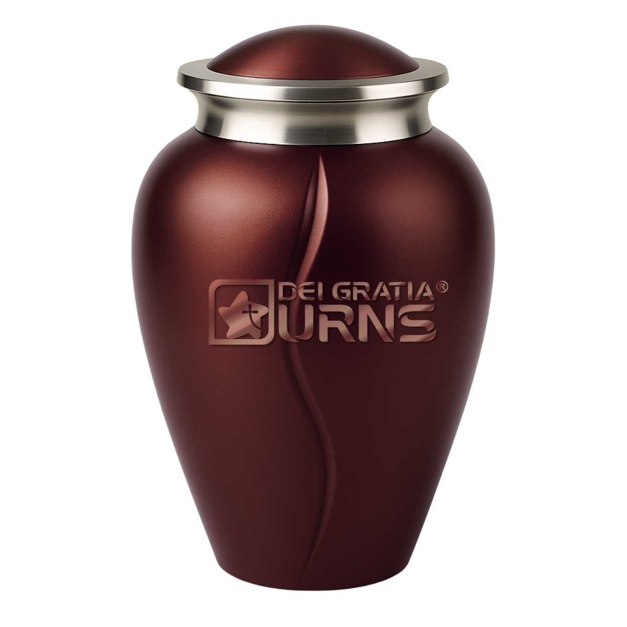 Burgundy metal cremation urn for adult ashes with brushed silver-tone lid