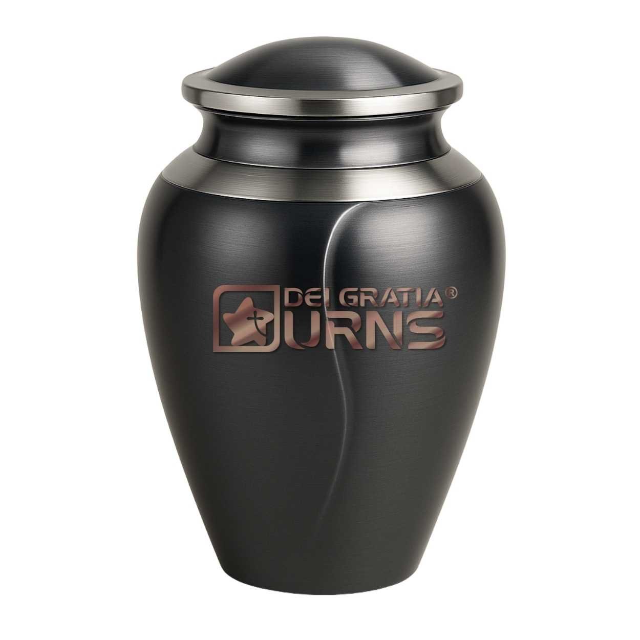 Midnight black modern metal cremation urn for adult ashes with dark silver-tone lid