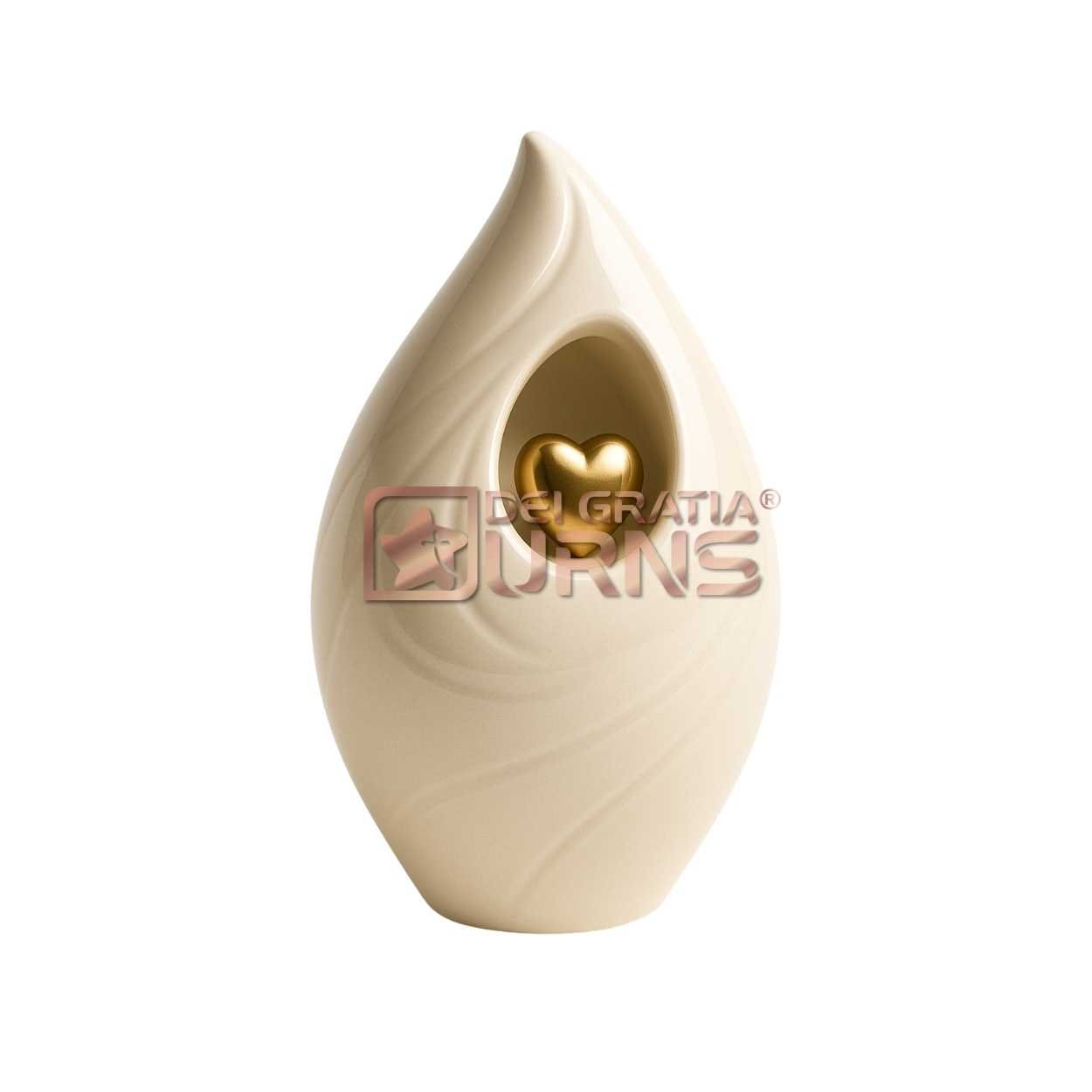 Ivory gold heart cremation urn for adult ashes in modern teardrop design