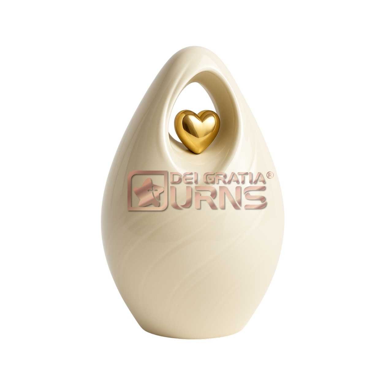 Ivory open heart metal cremation urn for adult ashes with polished gold-tone heart