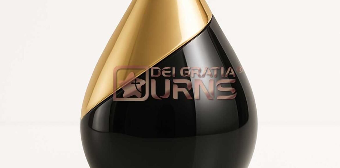 Black gold modern metal cremation urn for adult ashes with sculptural teardrop design