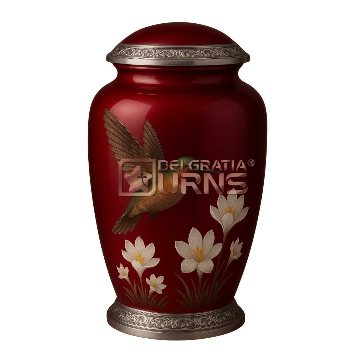 Burgundy hummingbird cremation urn for adult ashes with white flowers and silver-toned trim
