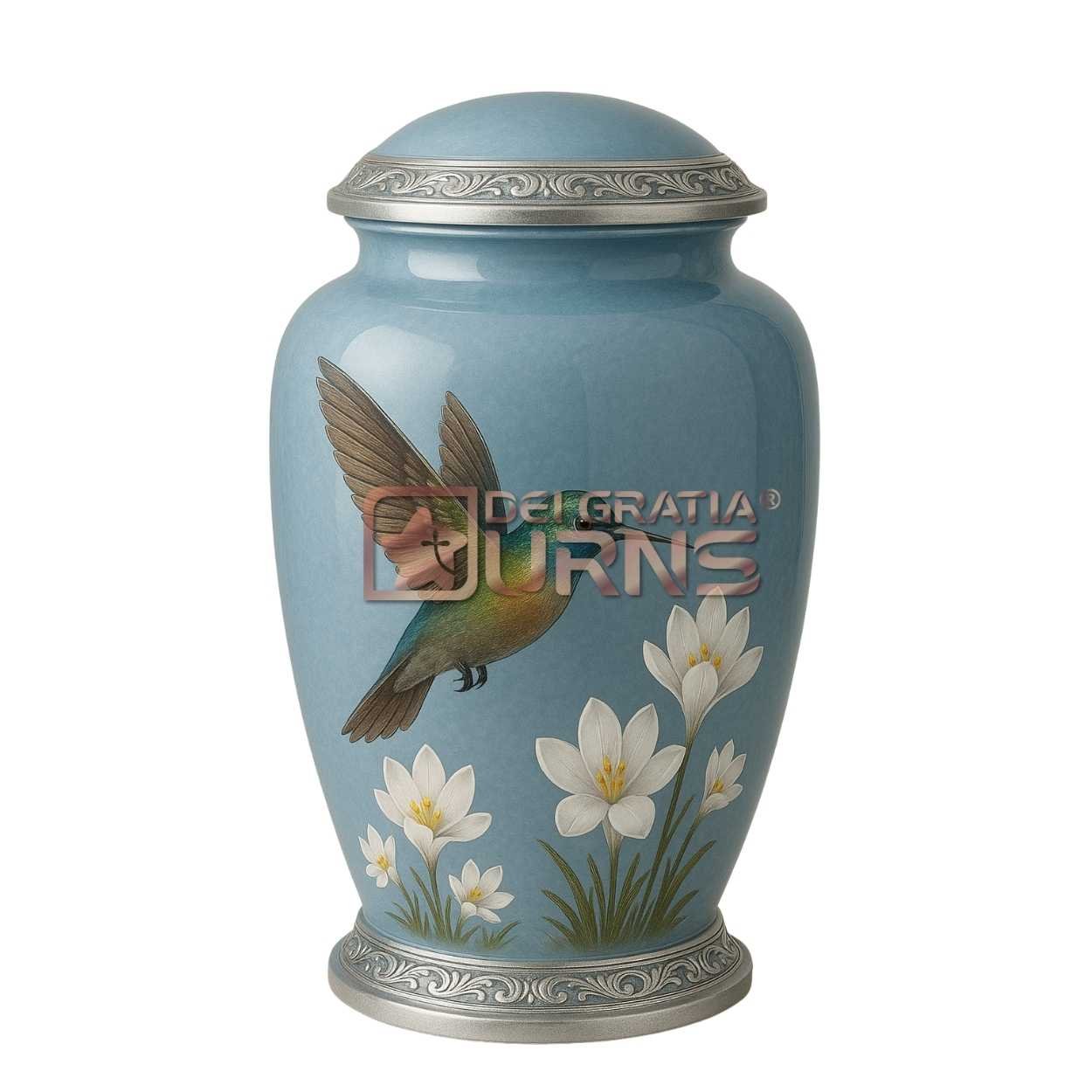 Blue hummingbird cremation urn for adult ashes with white flowers and silver-toned details