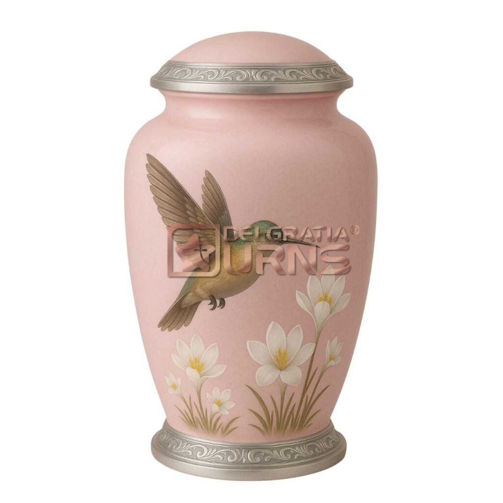 9 Intimate Reasons Why Keepsake Urns for Ashes Offer More Than You Ever Imagined 12 Pink hummingbird cremation urn for adult ashes with white floral artwork and metallic trim