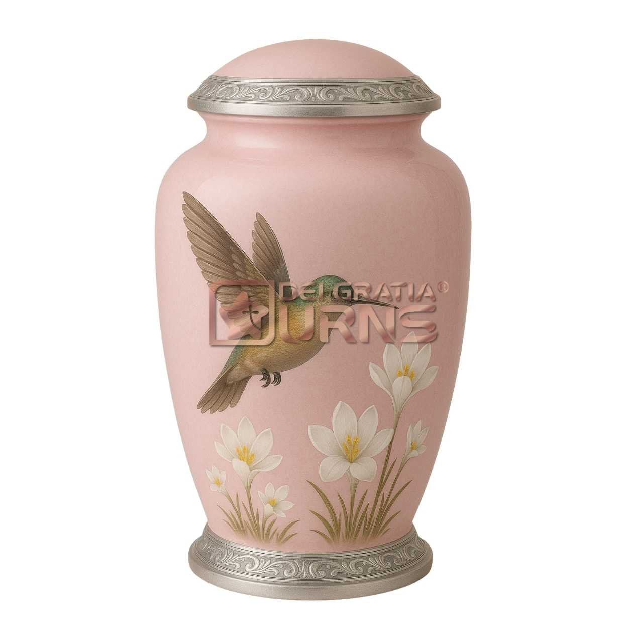 Pink hummingbird cremation urn for adult ashes with white floral artwork and metallic trim