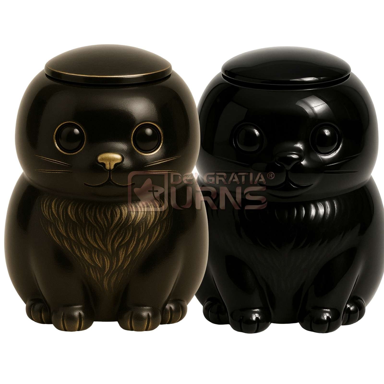 black and antique dark seated cat cremation urn color options for pet ashes