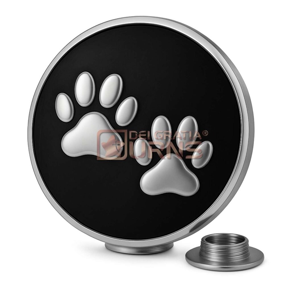 9 Intimate Reasons Why Keepsake Urns for Ashes Offer More Than You Ever Imagined 15 black and silver round pet cremation urn with two raised paw prints and bottom screw closure