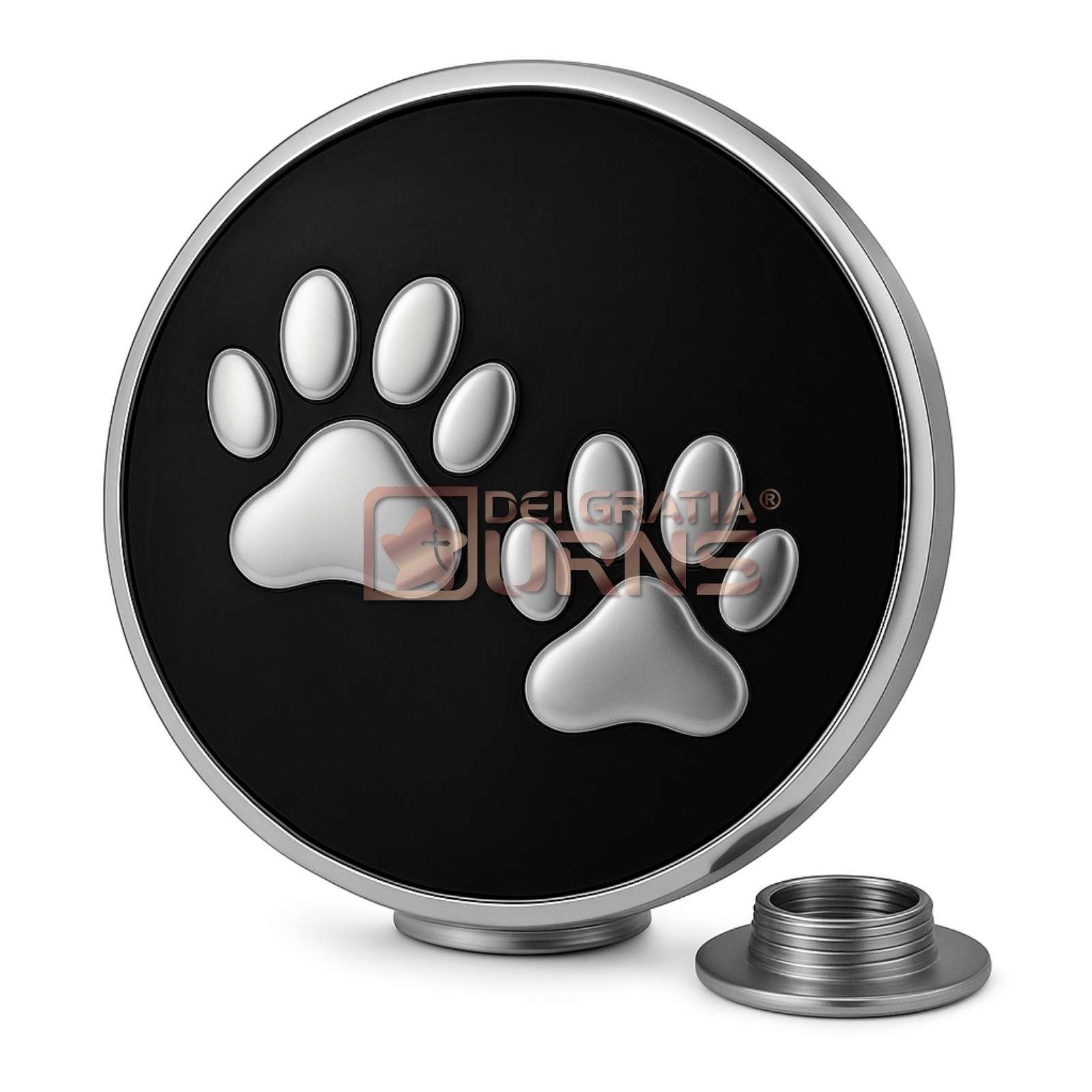 black and silver round pet cremation urn with two raised paw prints and bottom screw closure