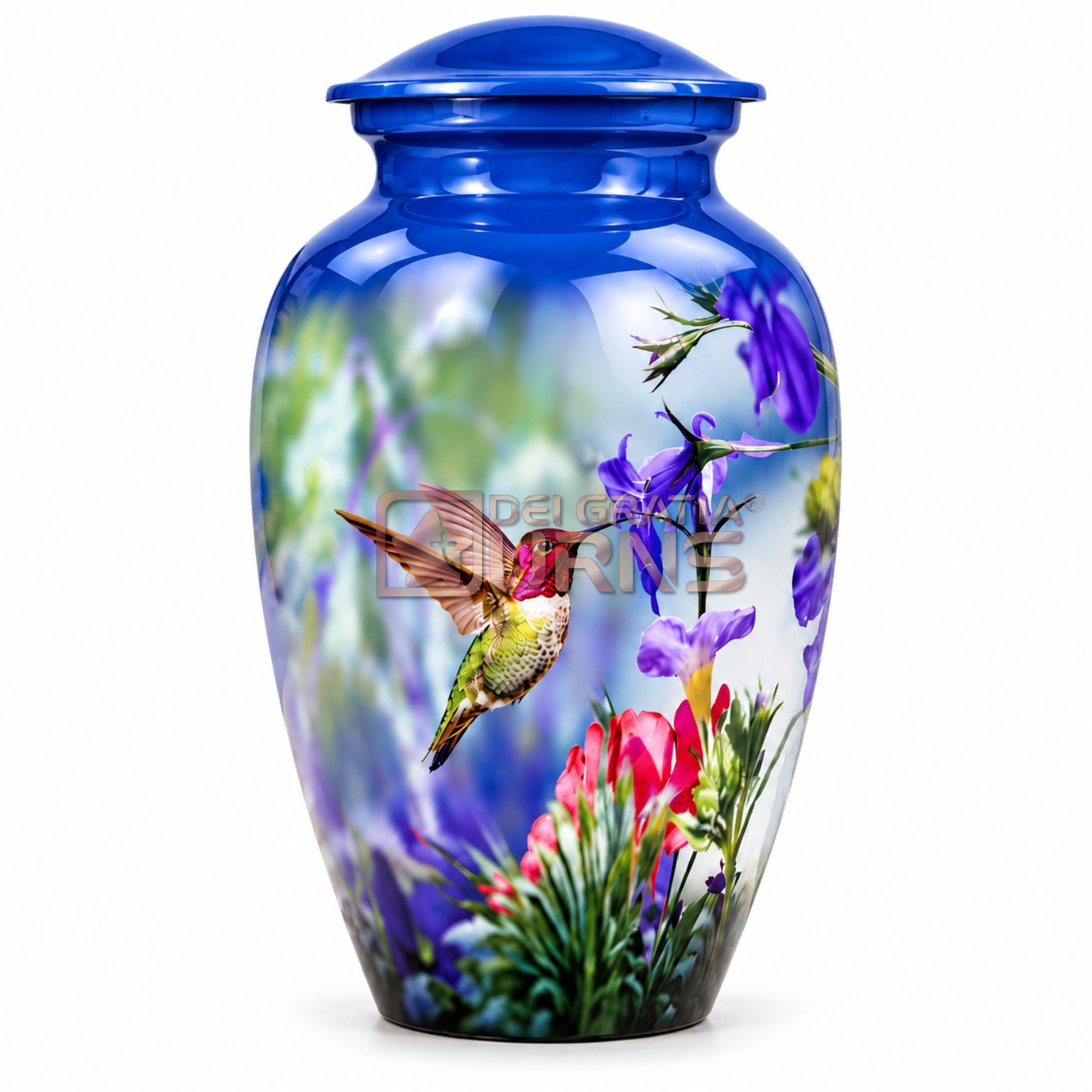 Blue garden hummingbird cremation urn with floral artwork