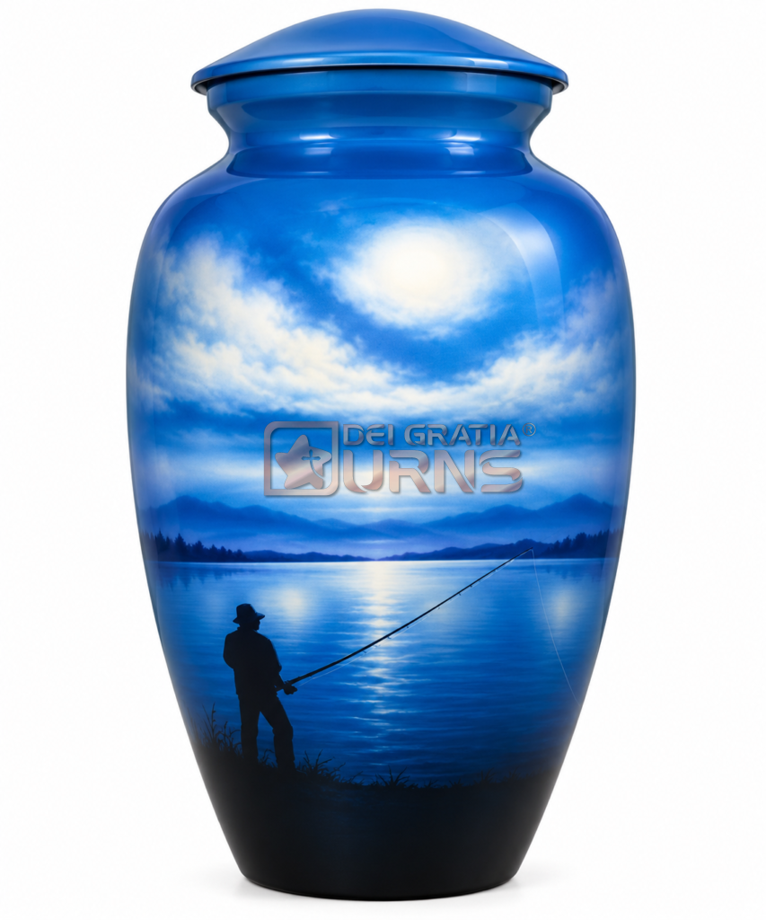 Blue fishing cremation urn with lakeside angler silhouette