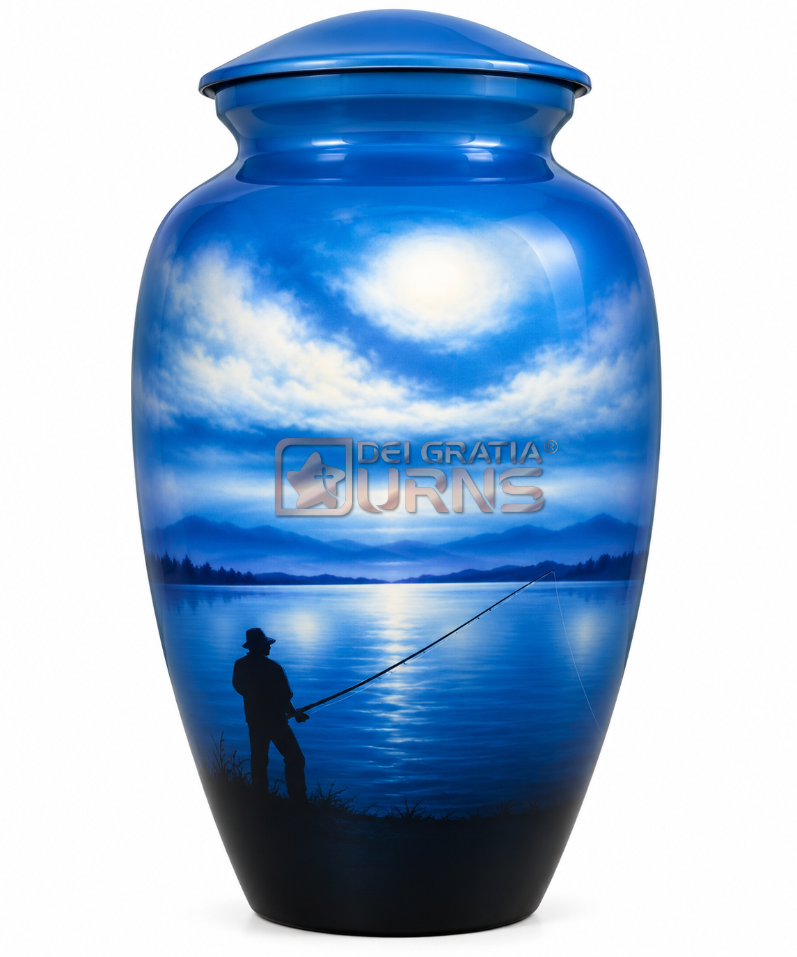 Blue fishing cremation urn with lakeside angler silhouette