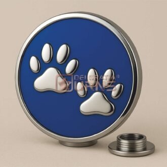 blue and silver round pet cremation urn with two raised paw prints and bottom screw closure