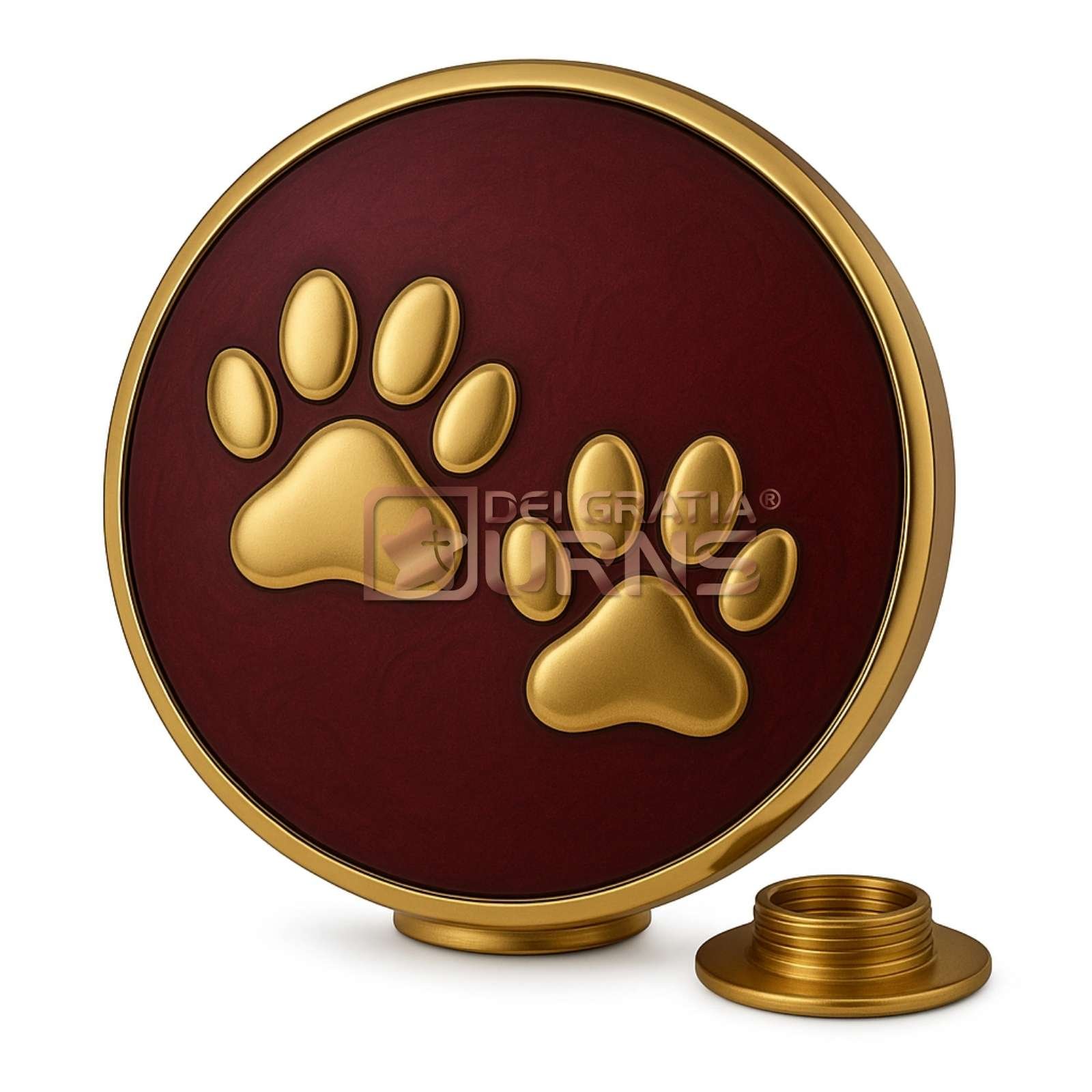 burgundy and gold round pet cremation urn with two raised paw prints and bottom screw closure