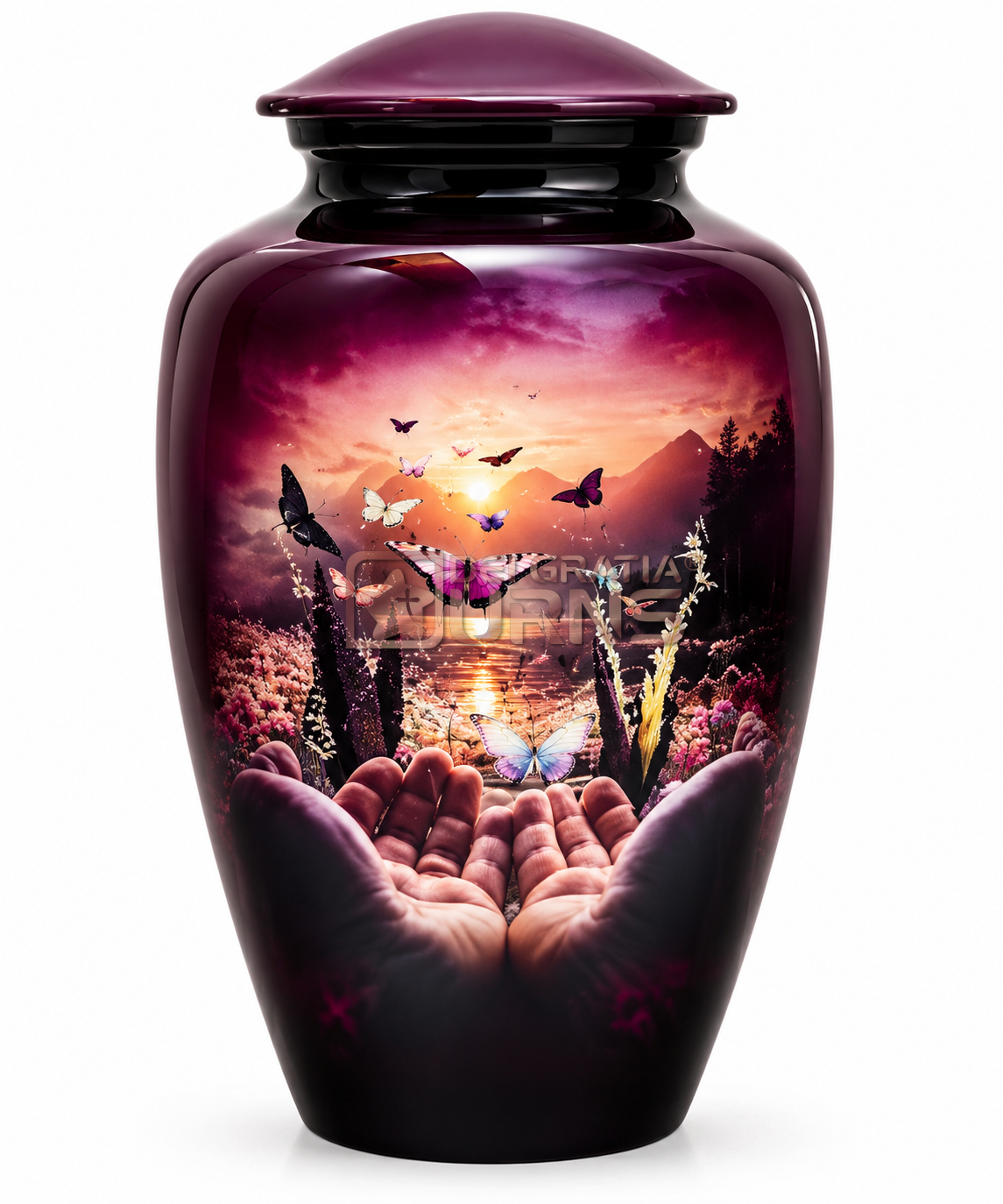 Butterfly sunset cremation urn with open hands and sunset artwork